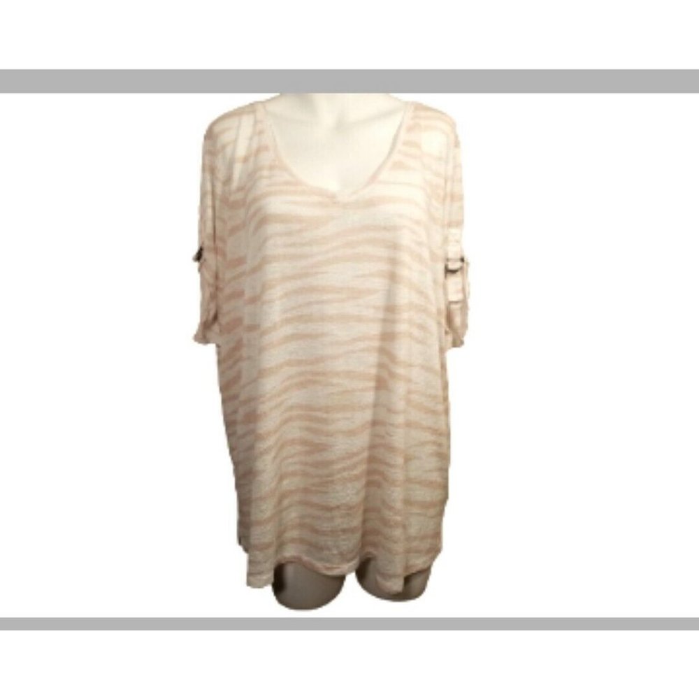 24/7 Maurice Top Tee Shirt Beige White Animal Print Short Sleeve V-Neck Size 2
